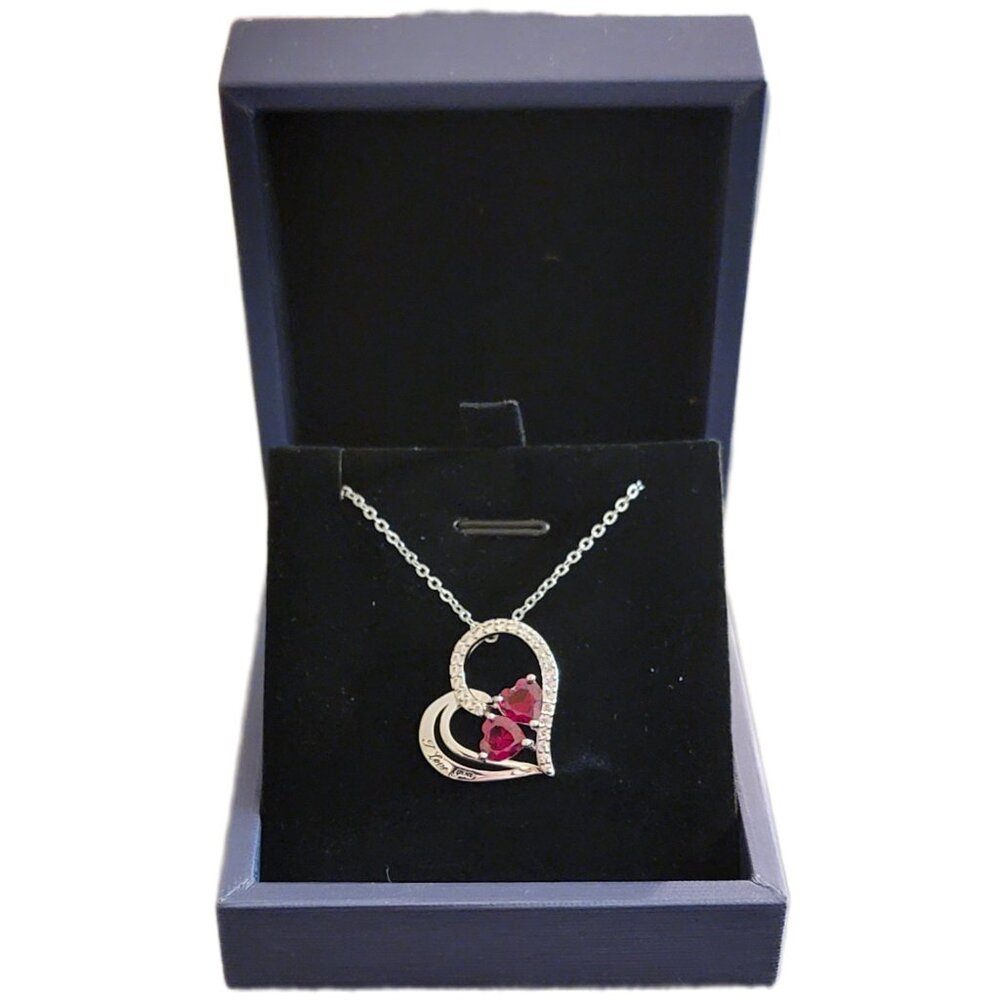 Double Heart Lab-Grown Ruby Necklace S925 Sterling Silver NWT